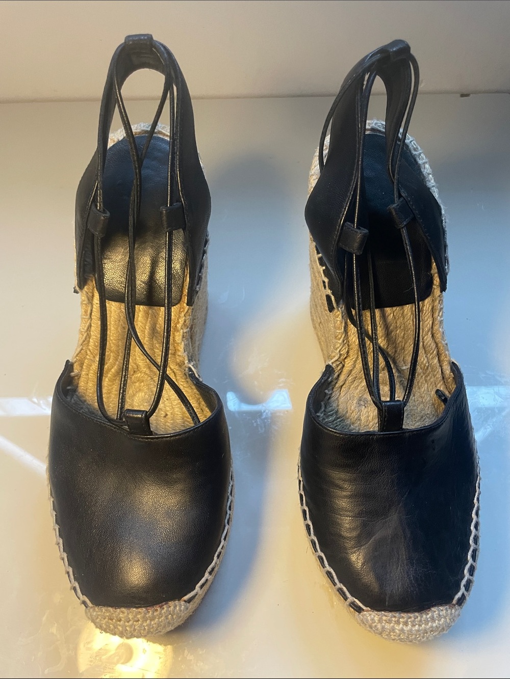 saint Laurent Platform Espadrille wadge sandals black leathers sz 38